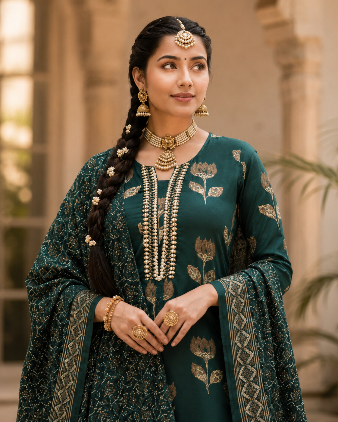 Dark Green Floral Printed Cotton Kurta Pant With Dupatta