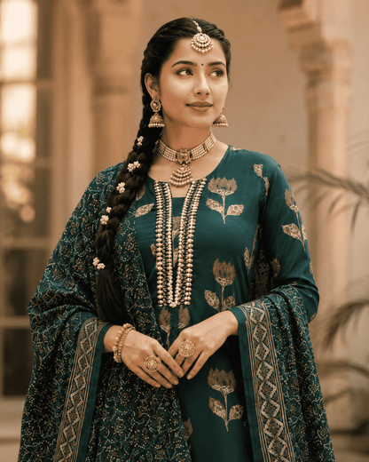 Dark Green Floral Printed Cotton Kurta Pant With Dupatta