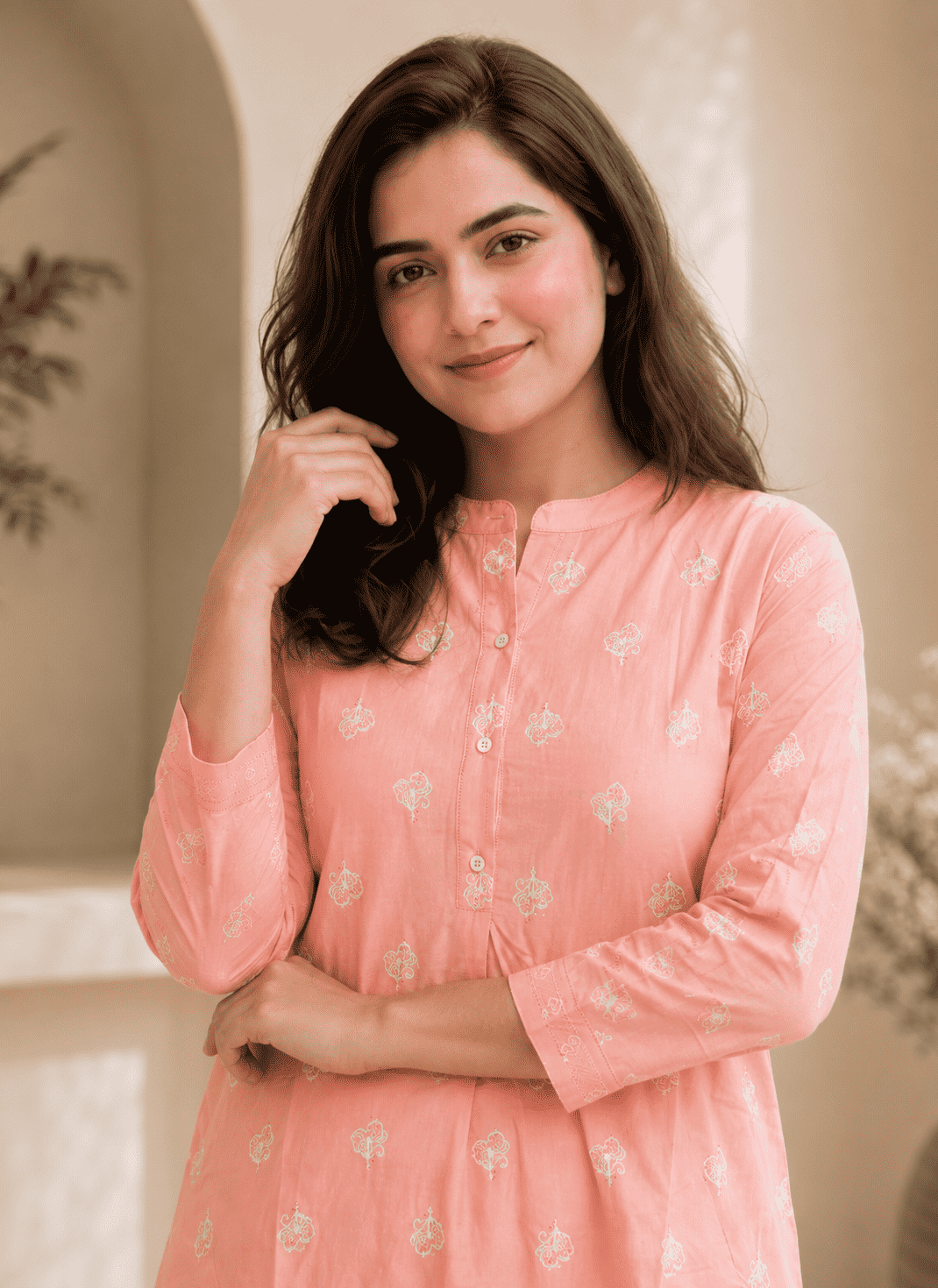 Peach Floral Embroidery Cotton Kurta