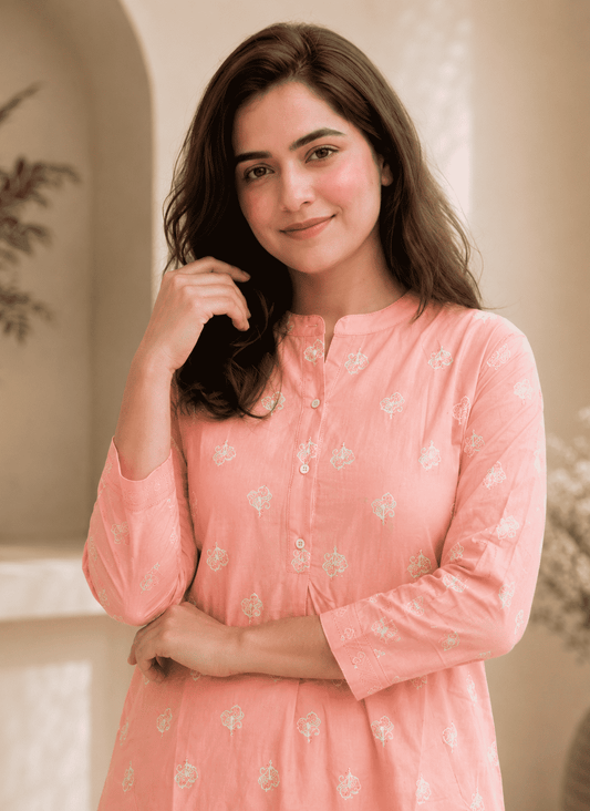 Peach Floral Embroidery Cotton Kurta