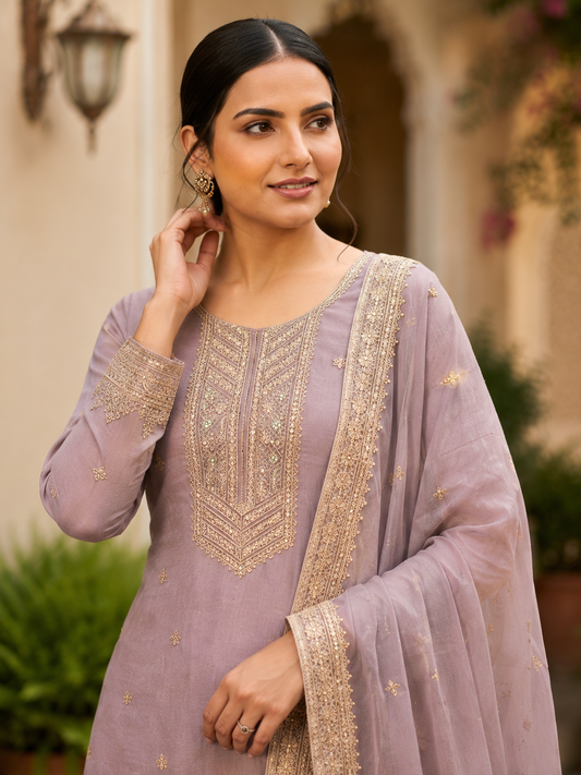 Lilac Semi-Stitched Sheer Organza with Sequins Suit Set With Dupatta