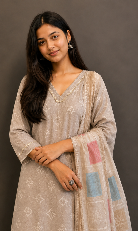Beige Floral Printed Linen Kurta Pant and Dupatta Beige Floral Printed Linen Kurta Pant and Dupatta
