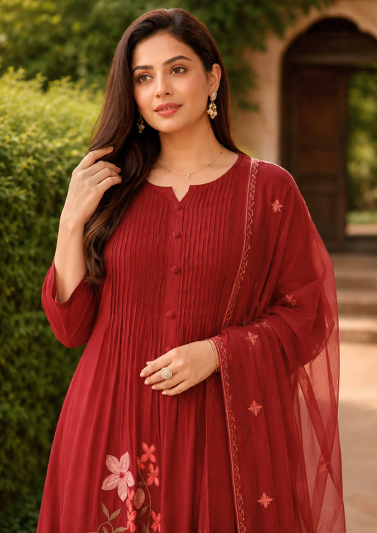 Maroon Cotton Anarkali Kurta Pant With Floral Embroidery And Dupatta