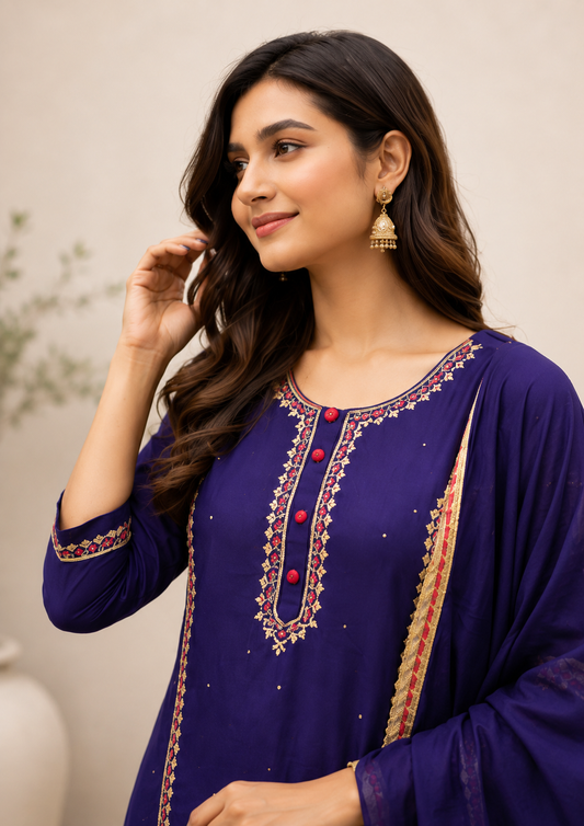 Royal blue silk kurta sharara set with embroidered detailing and chiffon dupatta