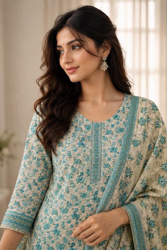 Beige cotton teal floral printed kurta pant set with dupatta