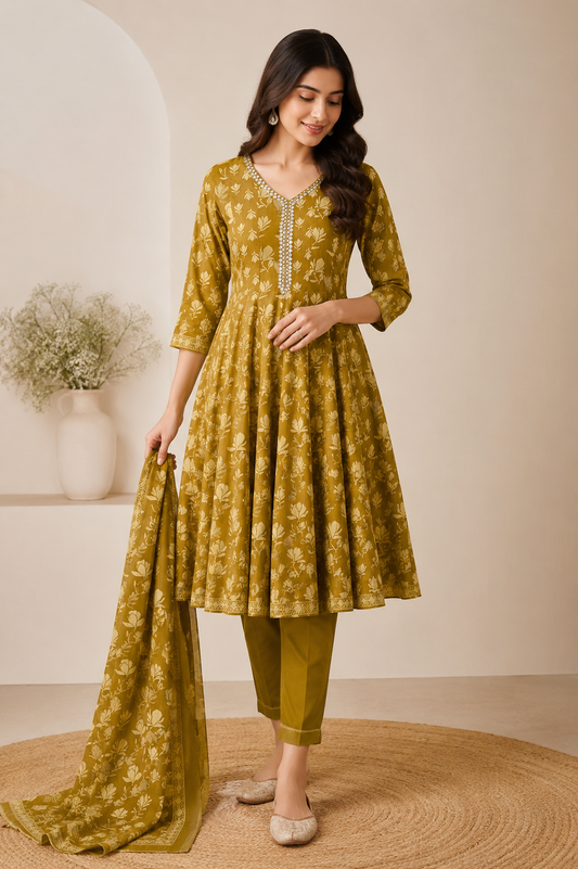 Mustard Yellow Cotton Blend Printed Anarkali Kurta and Pant with Dupatta