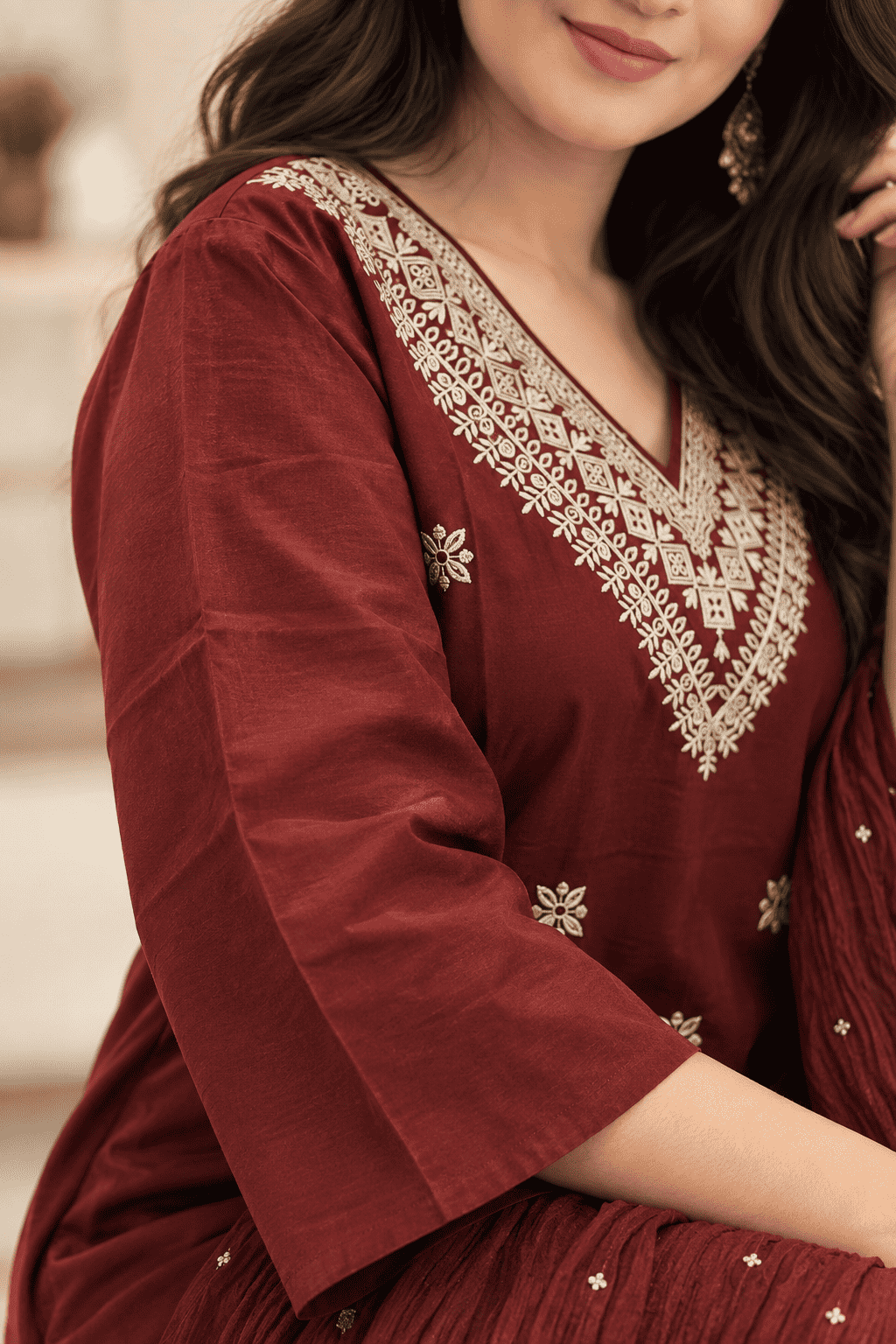 Deep Maroon Embroidered Cotton Blend Kurta Pant and Dupatta