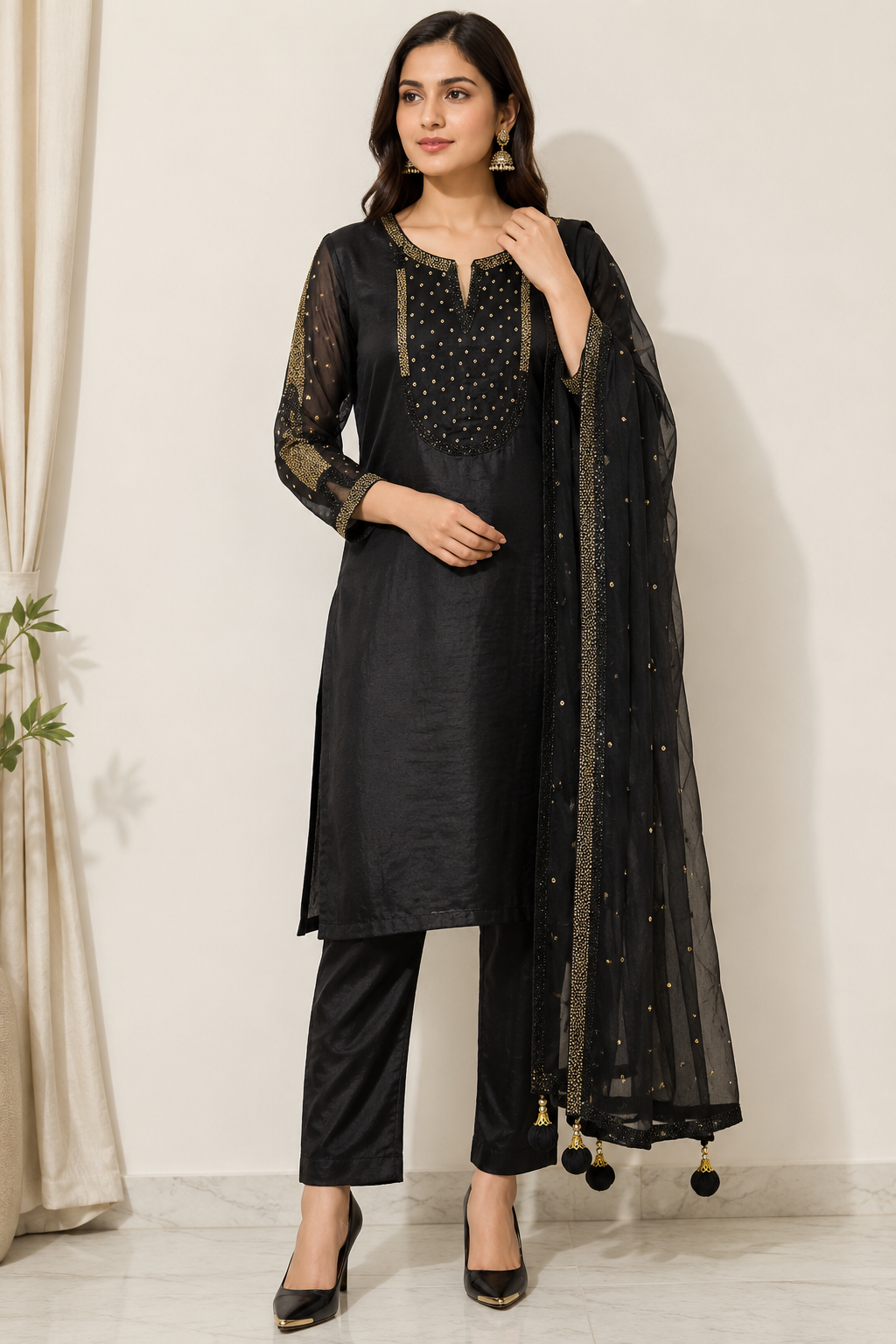 Black Mul Chanderi Embroidered Kurta and Pant with Dupatta