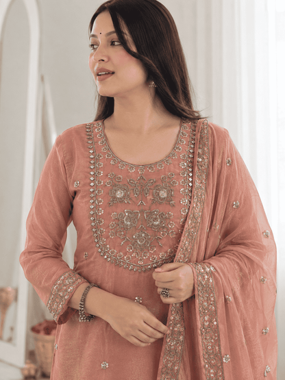 Peach Embroidered Shantoon Kurta Pant and Dupatta