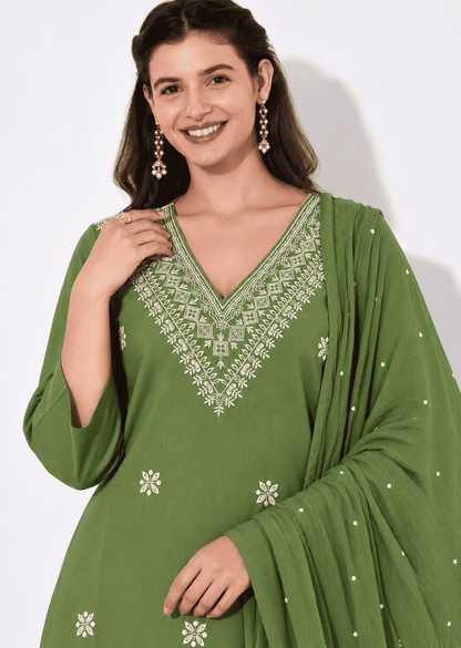 Green Embroidered Cotton Blend Kurta Pant and Dupatta