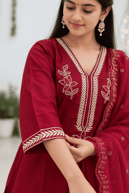 Magenta Embroidered Cotton Blend Kurta Pant and Dupatta