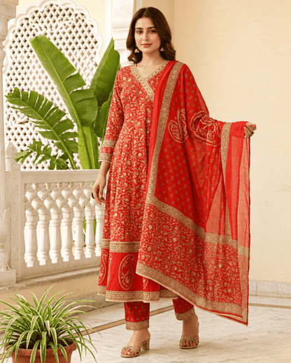 Vibrant Red Cotton Floral Handblock Sangneri Angrakha-Style Kurta Set With Dupatta