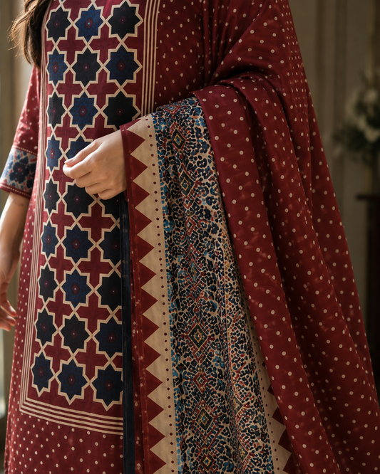 Maroon Printed Cotton Blend Kurta and Pant with Dupatta