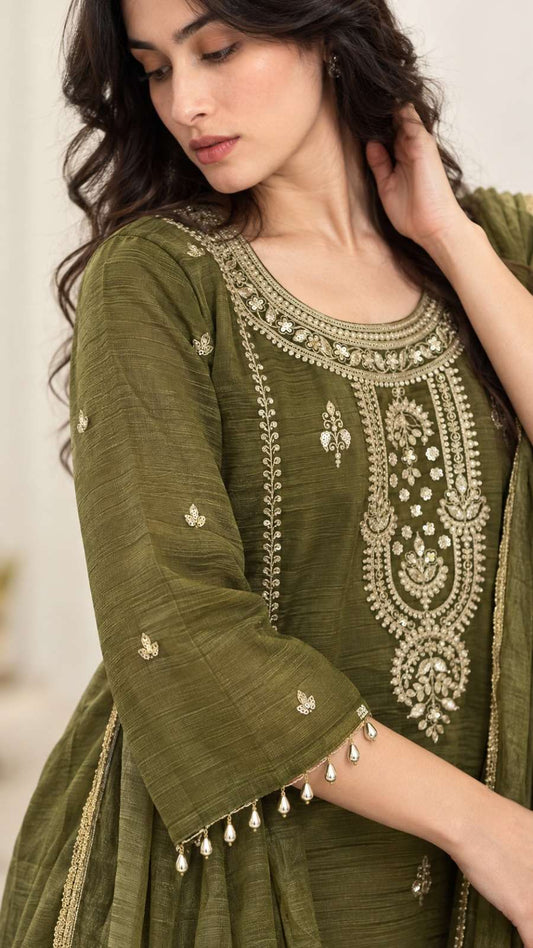 Mehendi Green Embroidered Chinon Kurta Pant and Dupatta