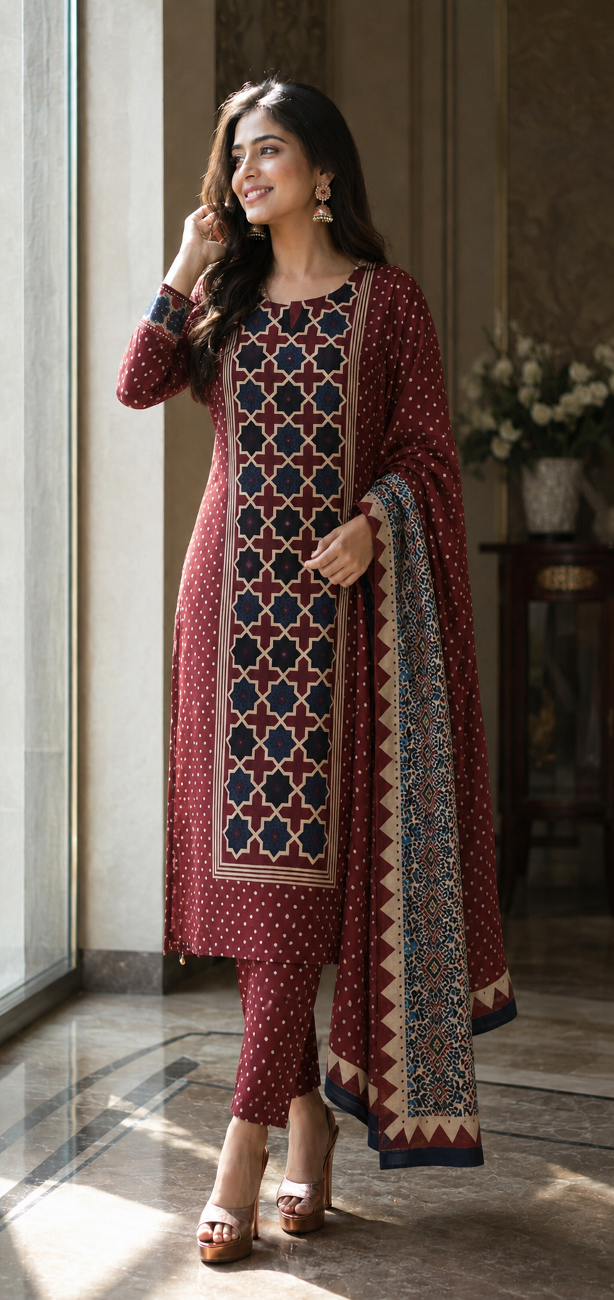 Maroon Printed Cotton Blend Kurta and Pant with Dupatta