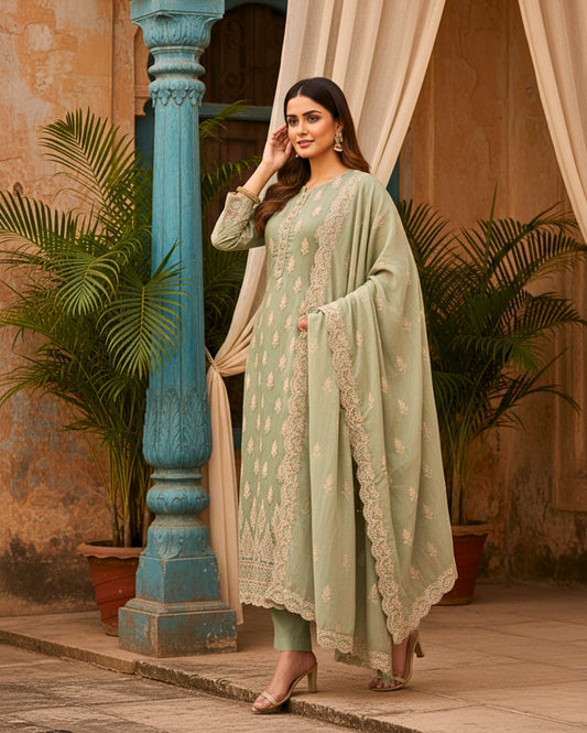 Semi-Stitched Sea-Green Soft Georgette Suit With Ivory Sequin Tree Motifs