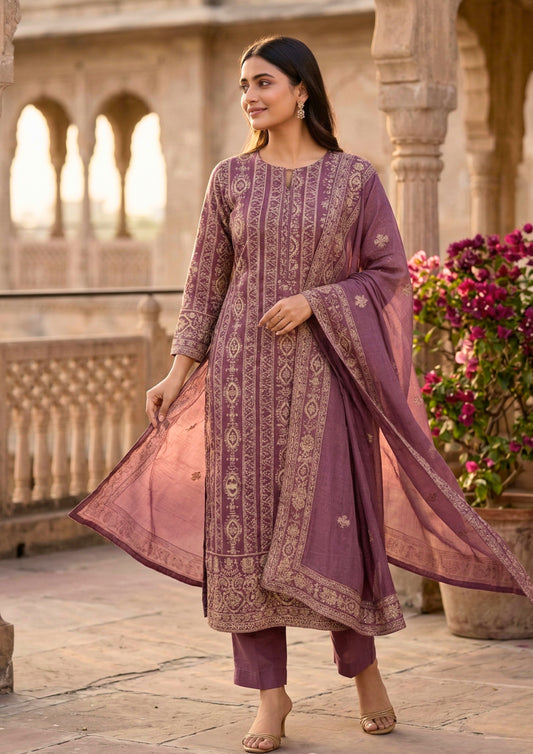 Unstitched Dusty Mauve-Purple Viscose-Georgette Fabric Adorned With Delicate Ivory Thread Embroidered Suit Material
