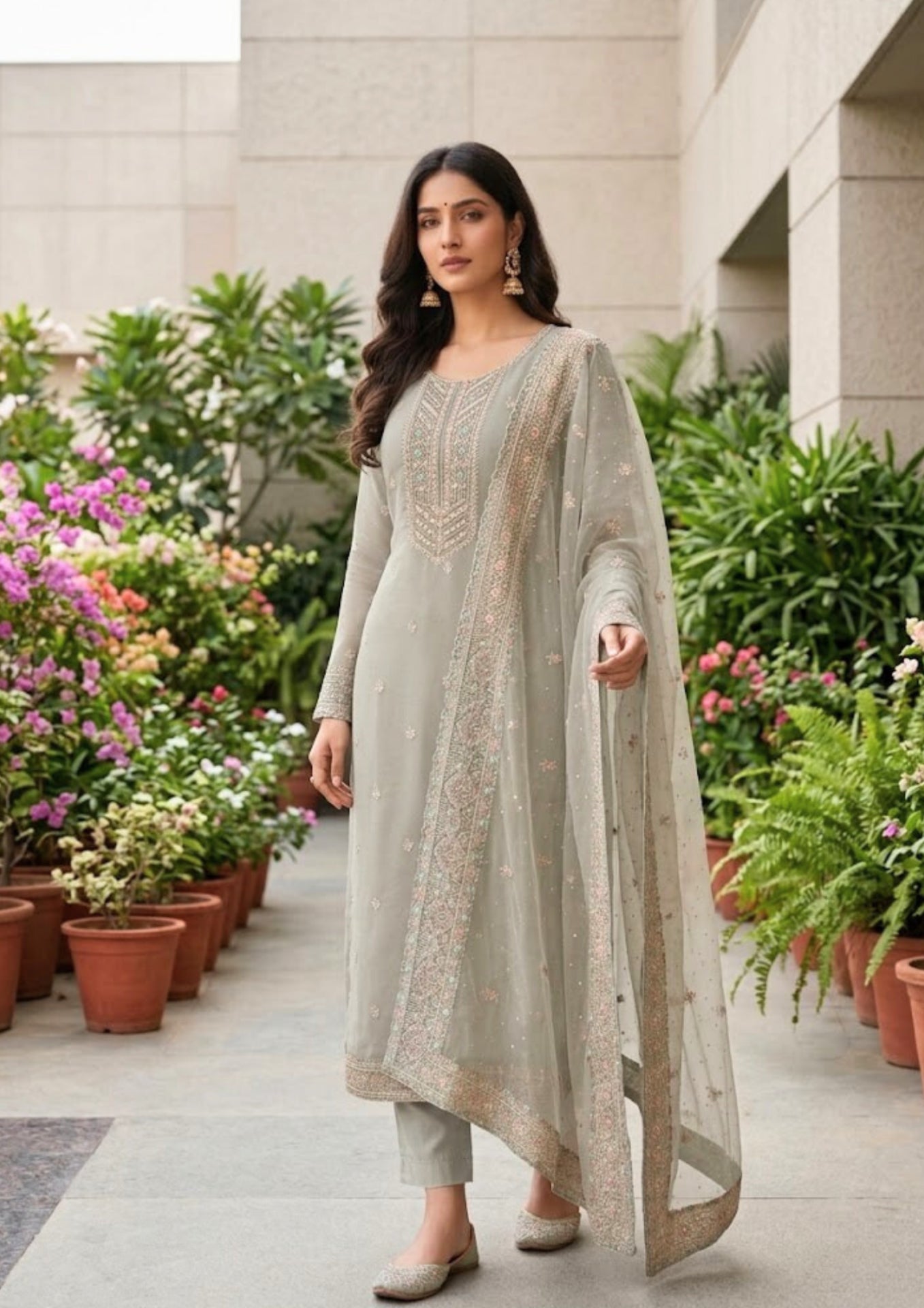 Semi Stitched Soft Chiffon Light Green With Sequin Embroidery Suit Material