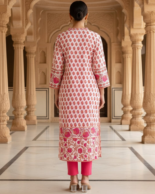 Ivory With Pink Florals Cotton Kurta