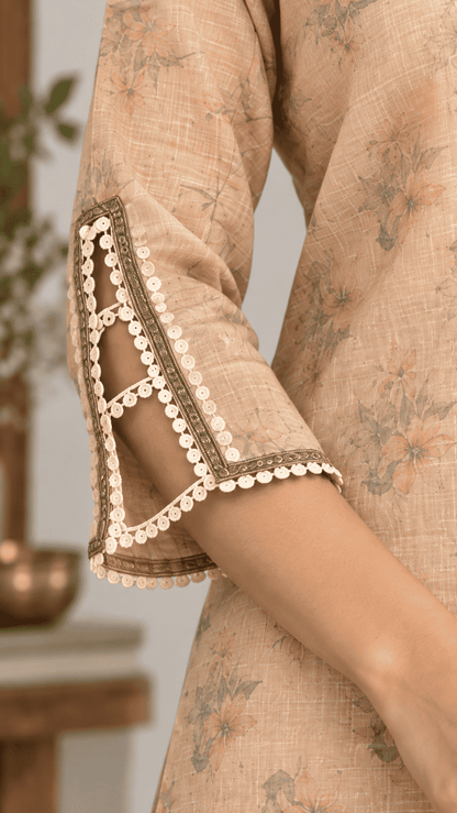 Peach Floral Printed Linen Kurta Pant and Dupatta