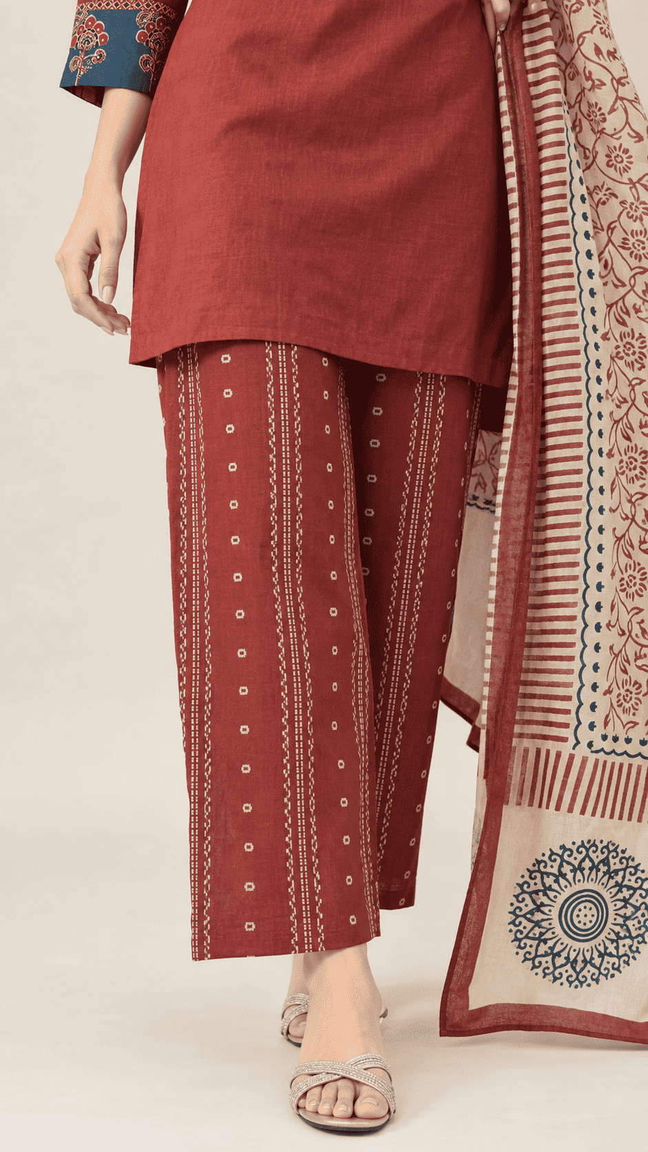 Rust Red Handloom Cotton Kurta and Pant With Dupatta