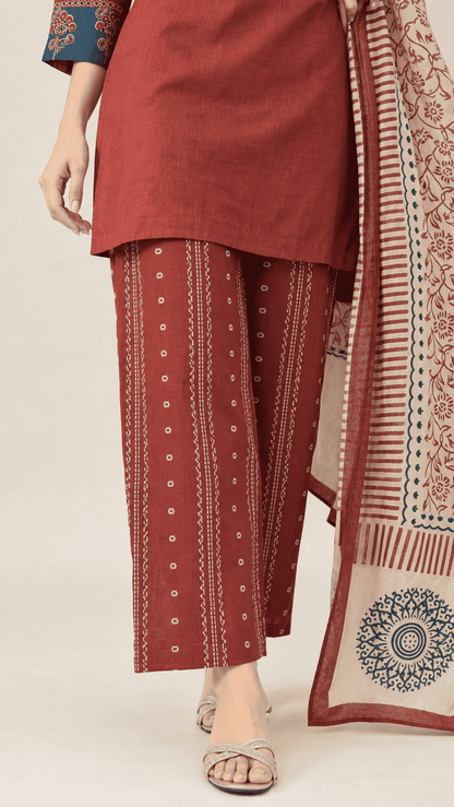 Rust Red Handloom Cotton Kurta and Pant With Dupatta