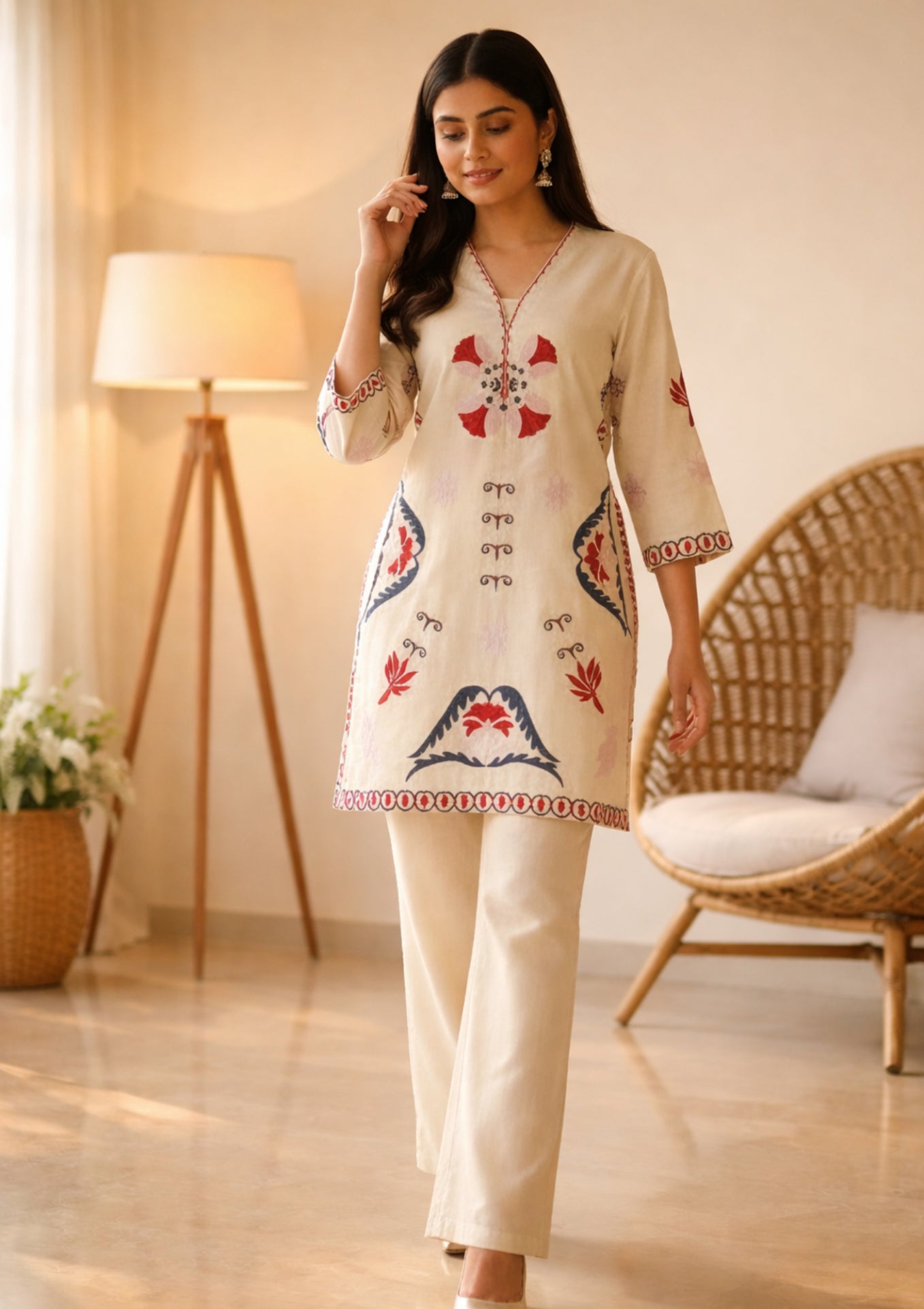 Cream Cotton Short Kurta Pant With Vibrant Floral Ethnic Motifs