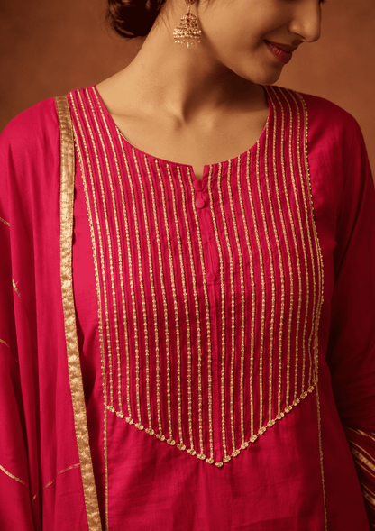 Fuchsia gota work cotton kurta pant set with gold stripes dupatta