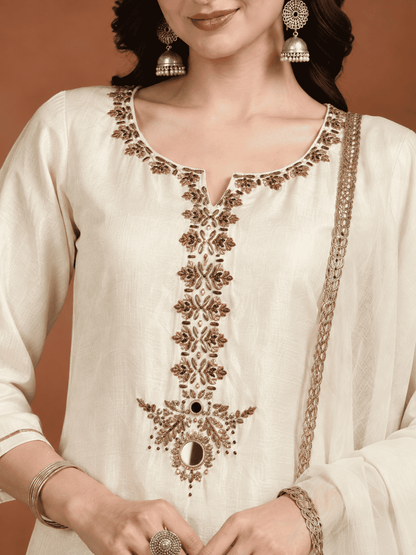 Ivory Embroidered Dola Silk Kurta and Palazzo with dupatta