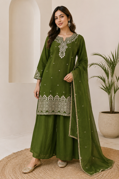Mehendi Green Rangoli Crush Embroidered Kurta and Wide Palazzo with Dupatta