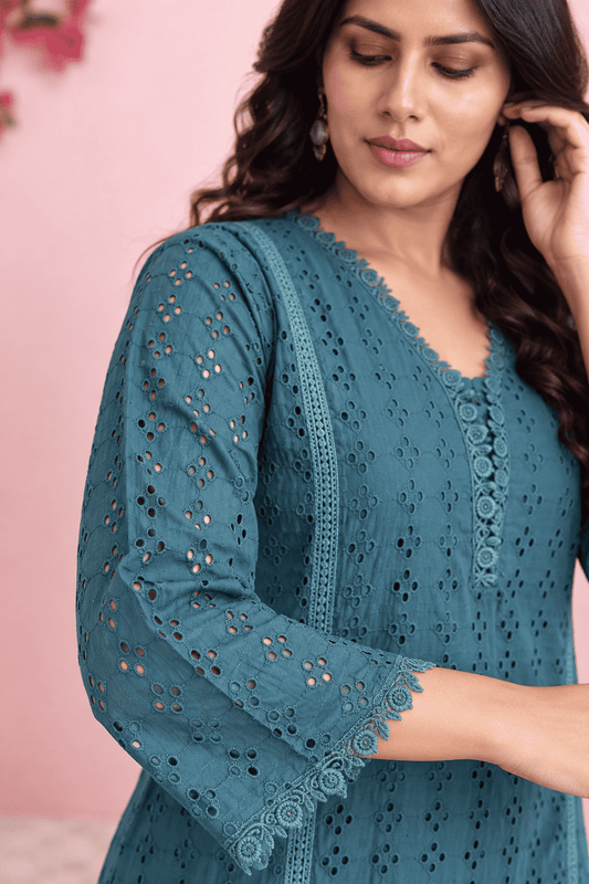 Teal Blue Schiffli Cotton Blend Kurta Pant Set