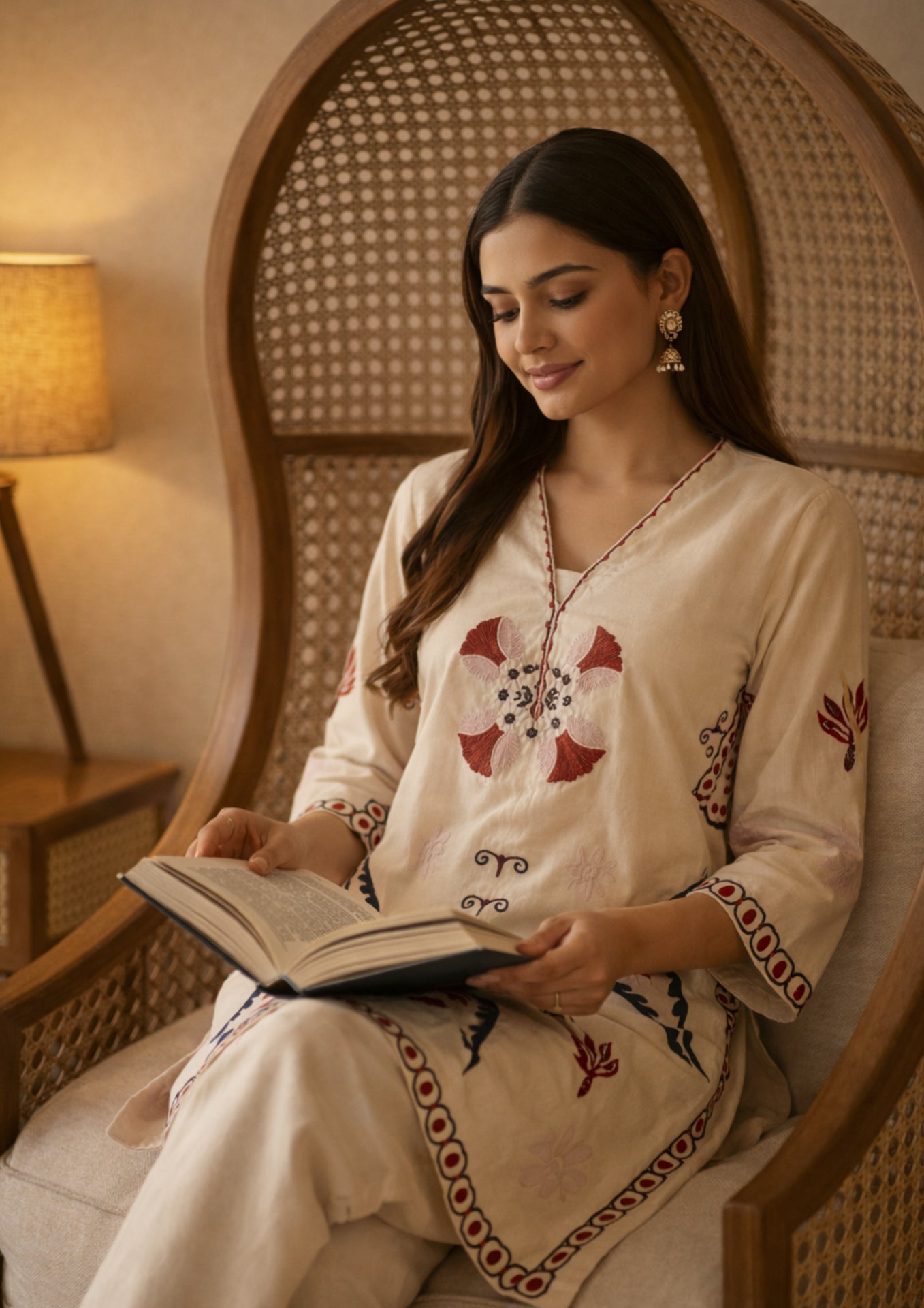 Cream Cotton Short Kurta Pant With Vibrant Floral Ethnic Motifs