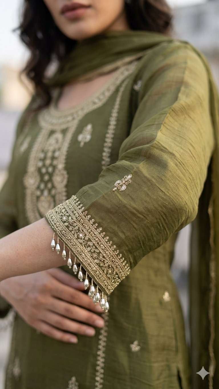 Mehendi Green Embroidered Chinon Kurta Pant and Dupatta