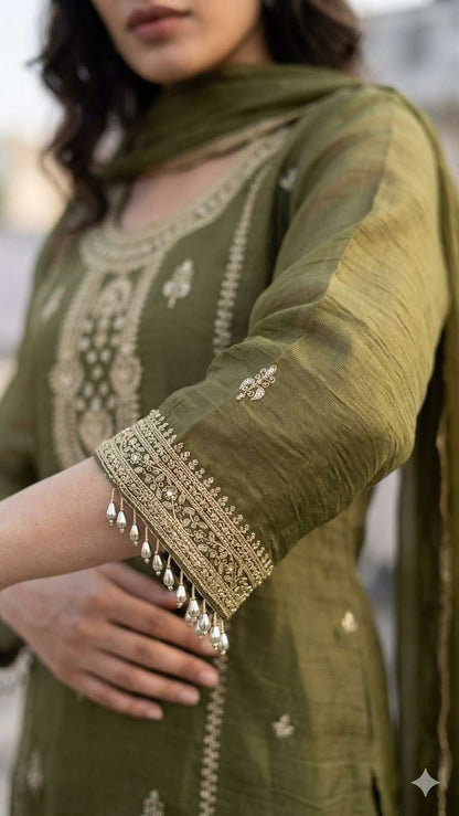 Mehendi Green Embroidered Chinon Kurta Pant and Dupatta