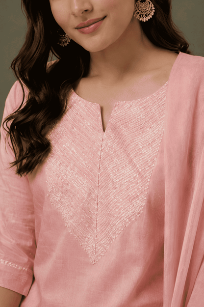 Blush Pink with gota work malmal Cotton Kurta Pant Set with dupatta