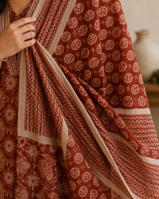 Rust Red Printed Cotton Blend Kurta and Pant with Dupatta