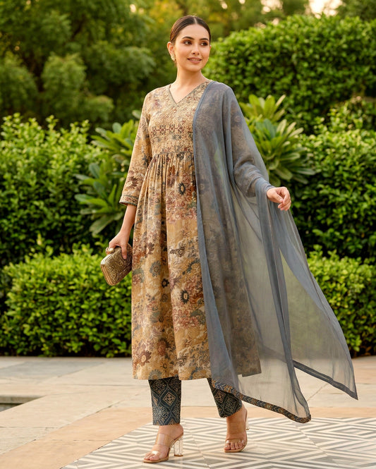 Olive Beige Cotton Blend Floral Kurta Set With Grey Dupatta