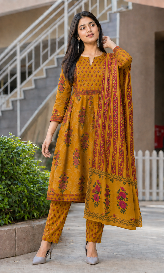 Mustard Yellow Cotton Blend Printed Anarkali Kurta and Pant with Dupatta