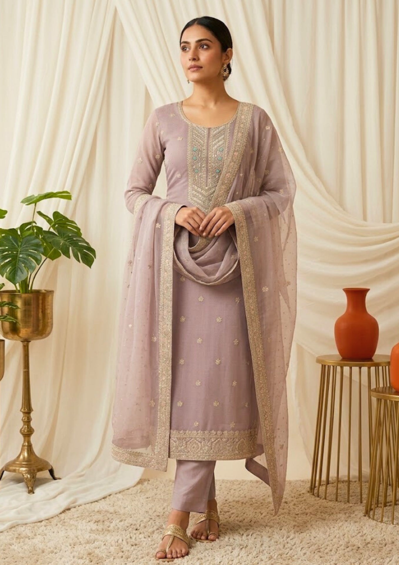 Semi Stitched Sheer Chiffon Lilac With Sequins Suit Material