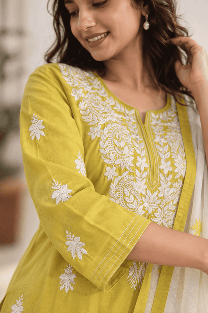 Yellow Embroidered Cotton Blend Kurta Pant and Dupatta