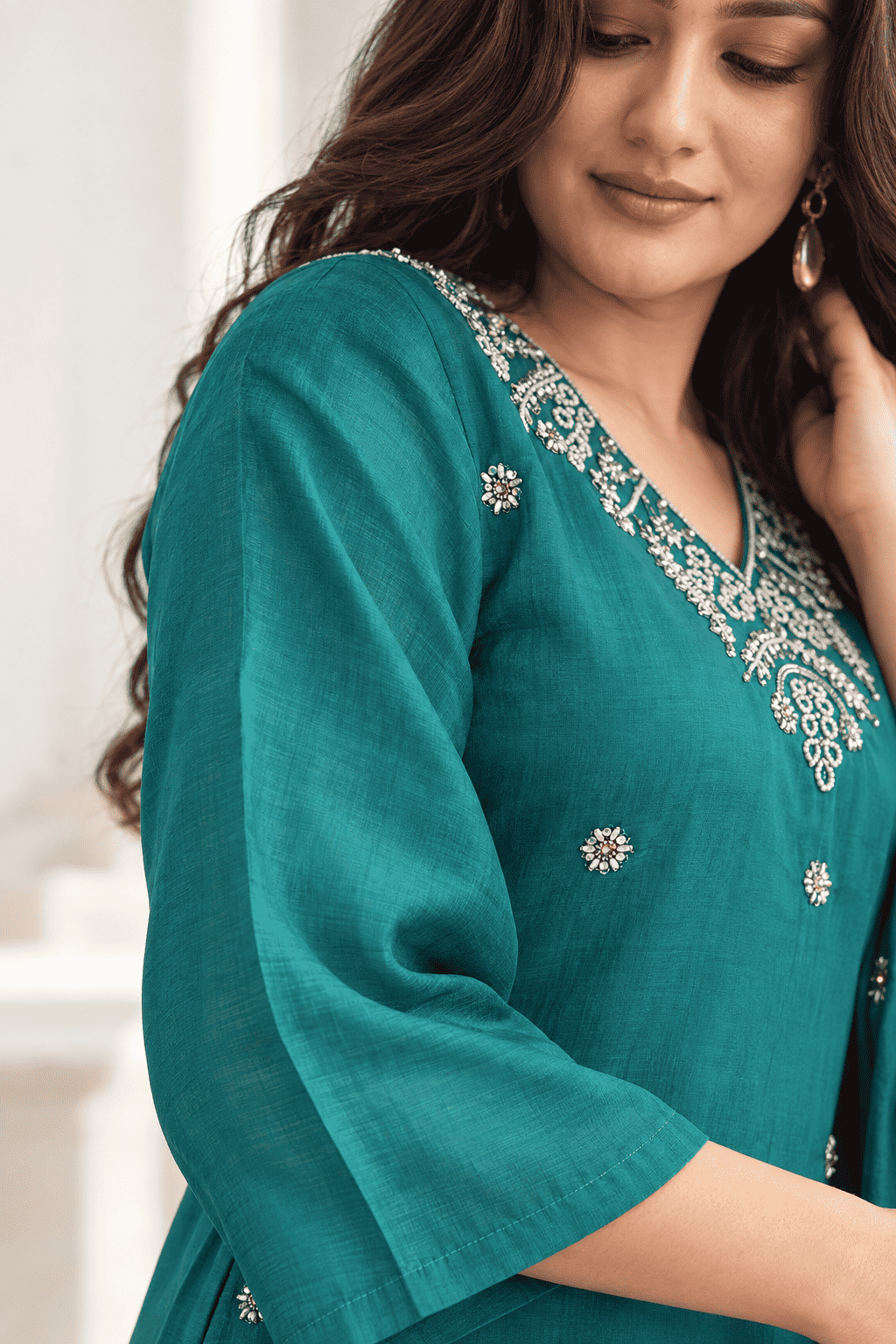 Deep Teal Embroidered Rayon Kurta Pant and Dupatta