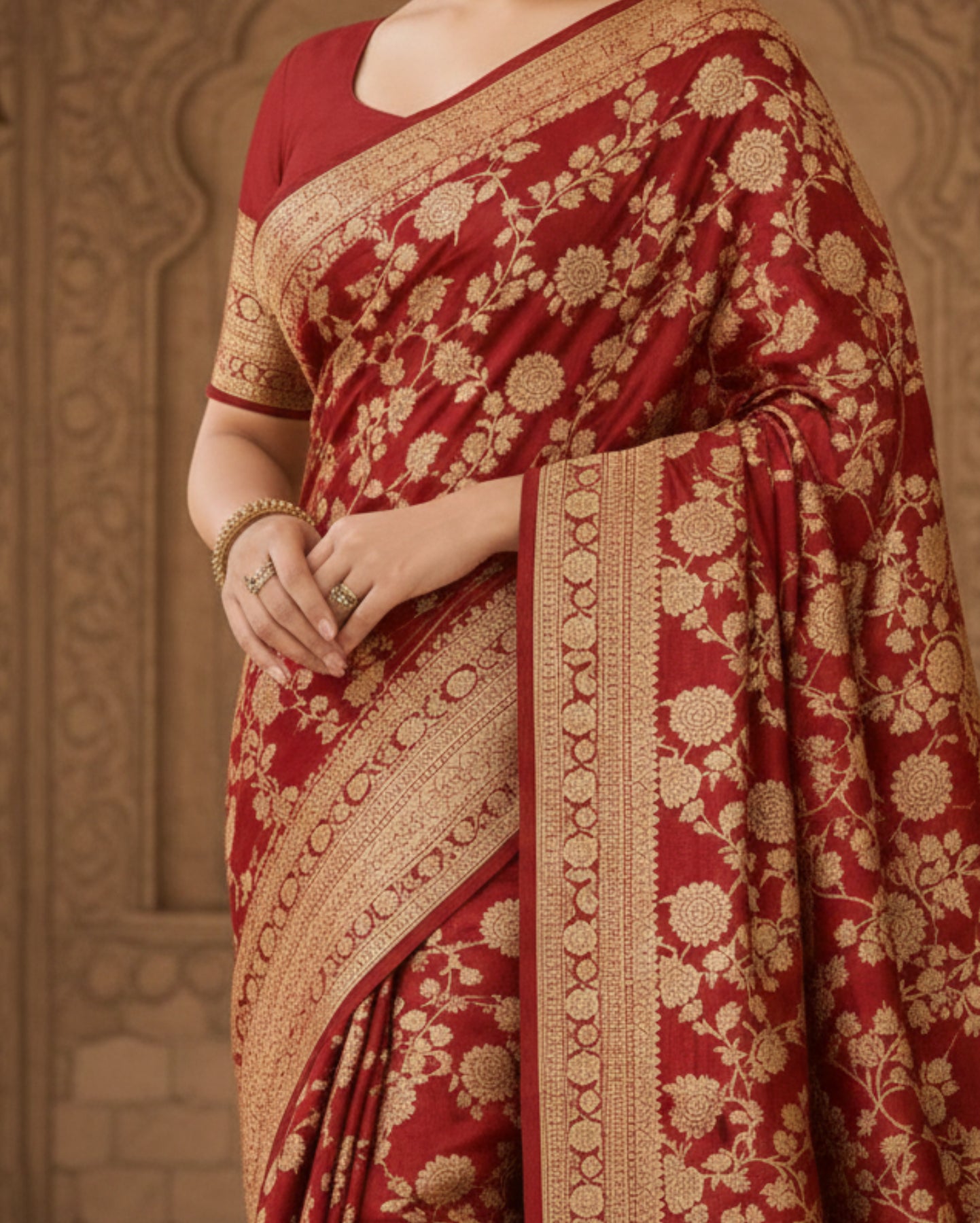 Rich Golden Zari Embroidered Deep Maroon Banarasi Silk