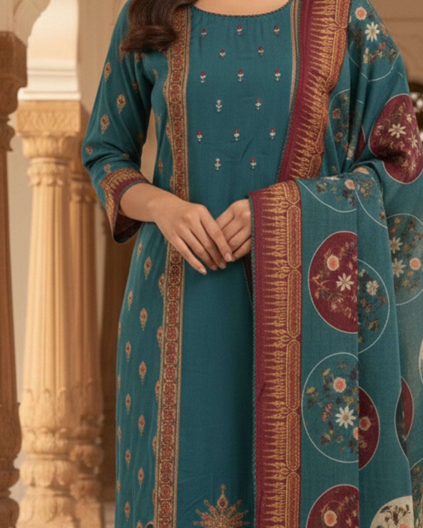 Premium Chinon Crepe Teal With Mirror Work Kurta Set With Dupatta