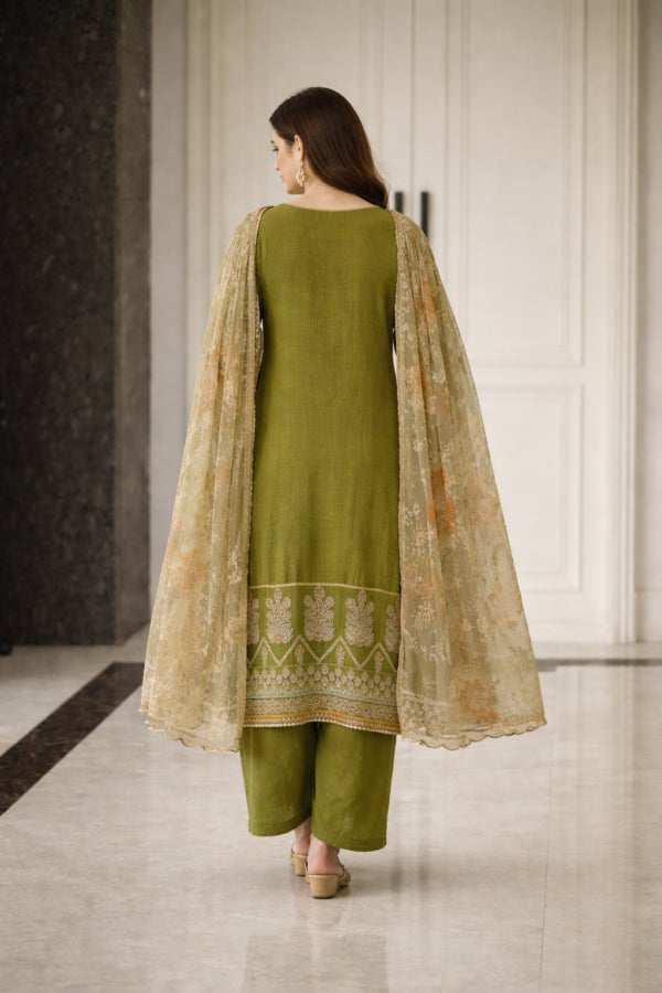 Olive Green Rayon Digital Printed Kurta Pant With Traditional Dupatta