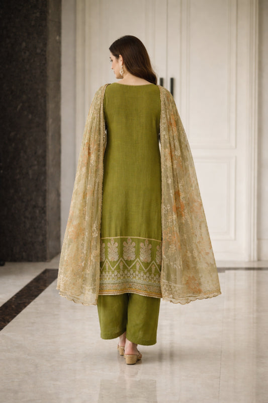 Olive Green Rayon Digital Printed Kurta Pant With Traditional Dupatta