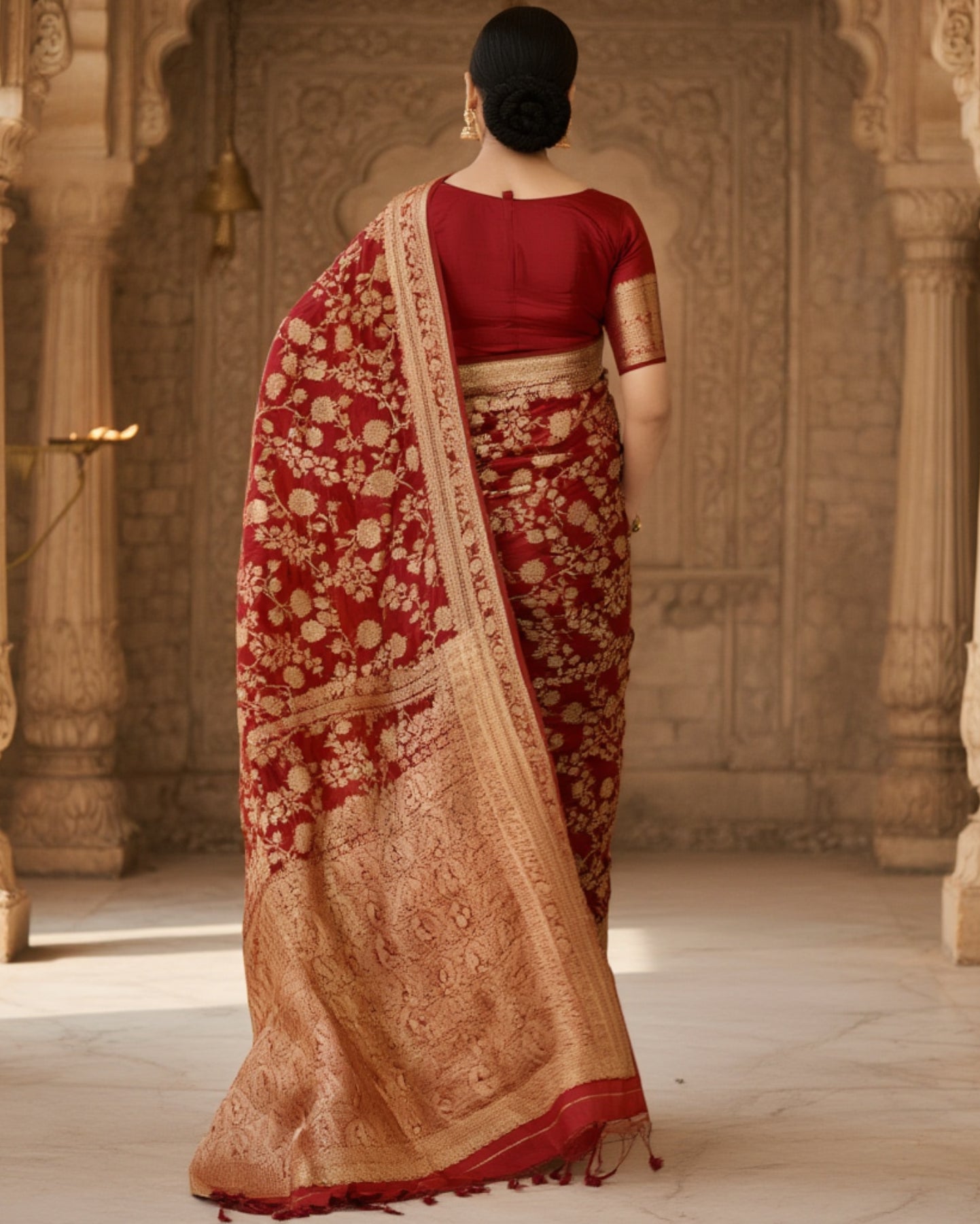 Rich Golden Zari Embroidered Deep Maroon Banarasi Silk