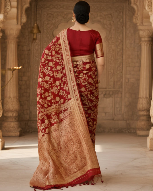 Rich Golden Zari Embroidered Deep Maroon Banarasi Silk