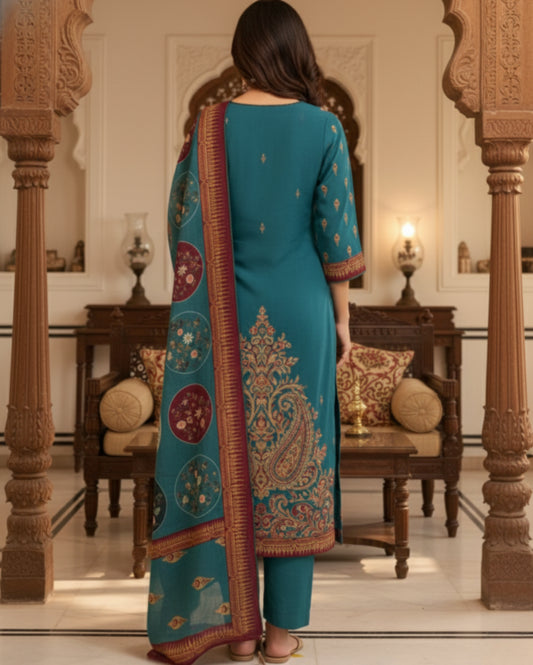Premium Chinon Crepe Teal With Mirror Work Kurta Set With Dupatta
