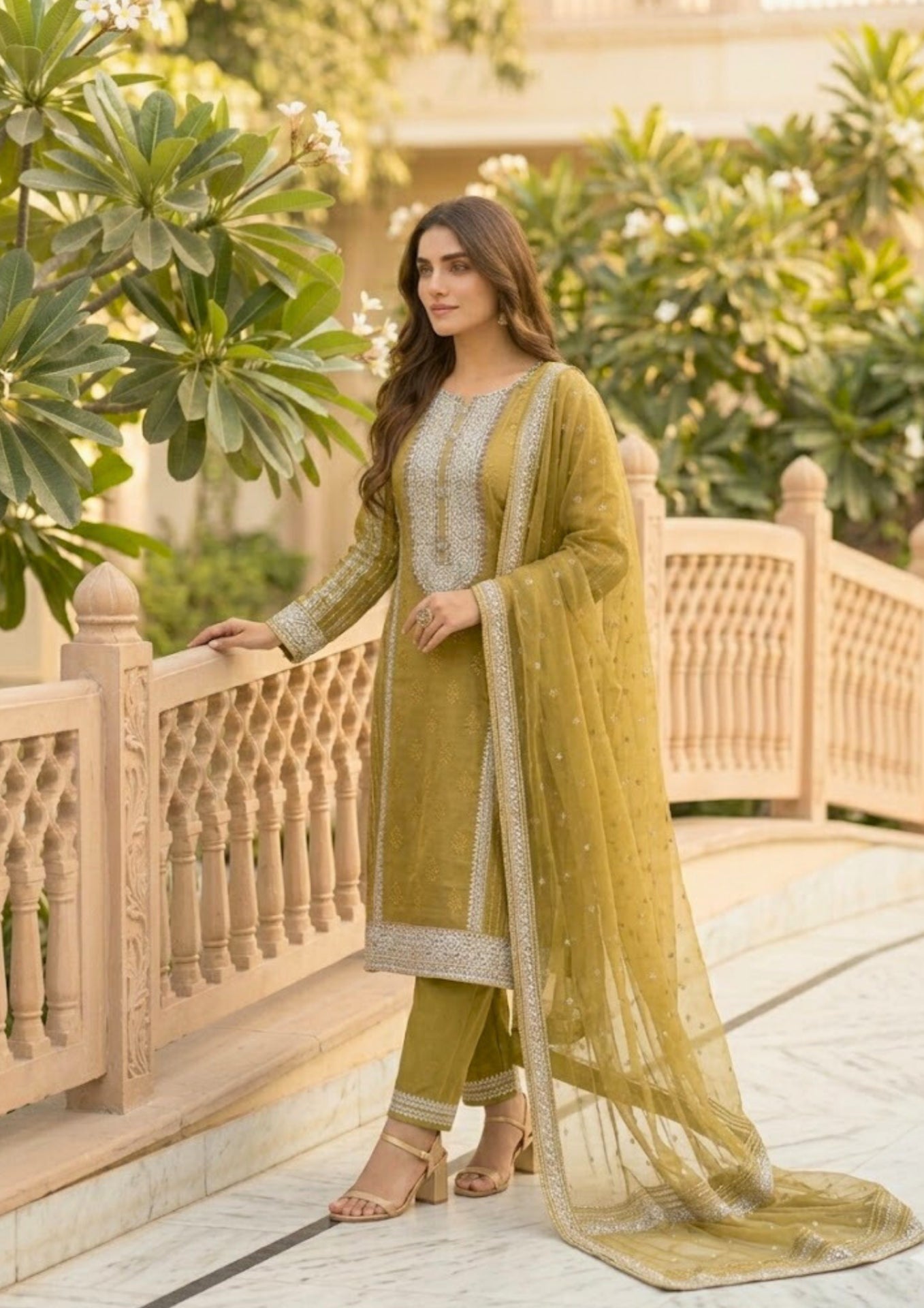 Semi-Stitched Soft Organza In A Rich Olive-Mustard Shade With Intricate Multicolour Thread And Zari Embroidery Suit Material