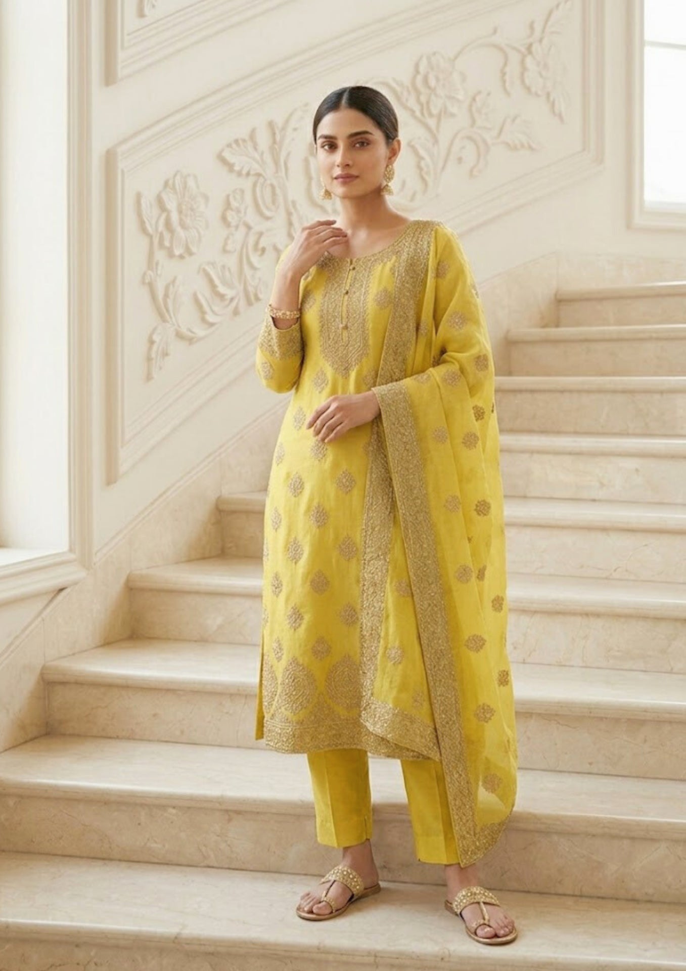 Semi-Stitched Fresh Lime-Yellow Ornate Golden Zari And Sequin Work Tissue Silk Suit With Dupatta